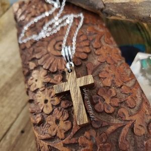 Wood Cross Pendant 925 Silver Necklace~Religious~Pagan~Gothic~God~Jesus~